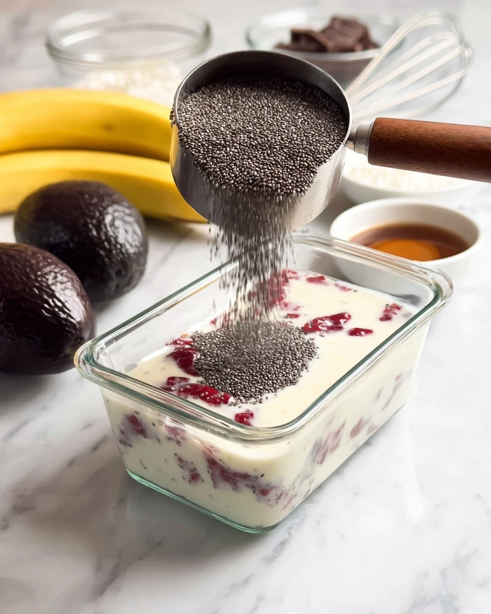 A clear glass container filled halfway with a creamy white liquid layered with small red fruit pieces at the bottom is shown, while a silver measuring cup with a wooden handle pours a thick stream of tiny black chia seeds on top, creating a dense dark layer over the liquid. The container sits on a white marbled surface. In the background, there are two dark avocados, a yellow banana, a piece of brownish chocolate, and two small white bowls holding dark liquids, with a metal whisk nearby. Photo taken with an iphone --ar 4:5 --v 7