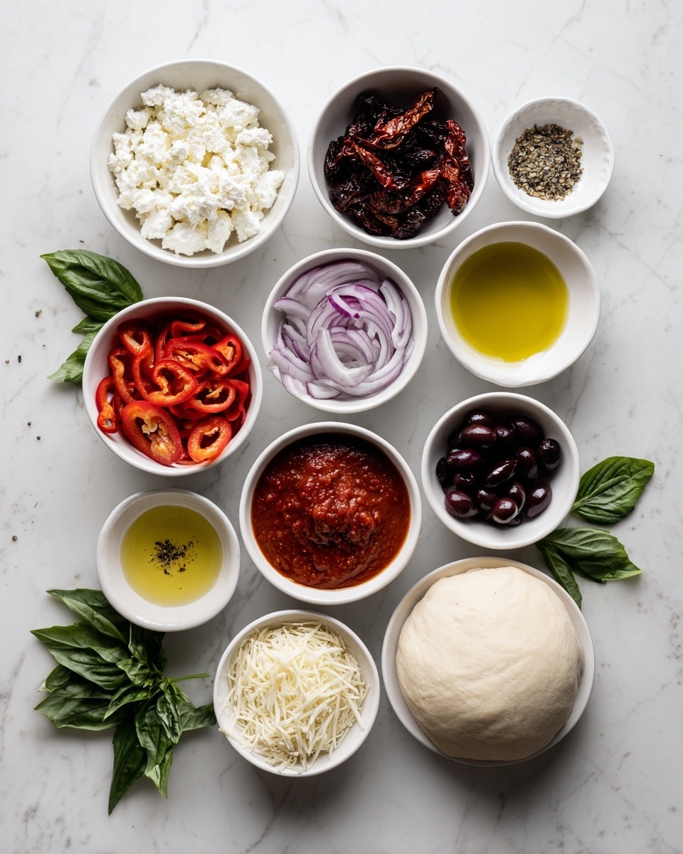 The image shows an overhead view of various ingredients for making a pizza, arranged neatly on a white marbled surface. There are ten white bowls, each containing a different ingredient: one with white crumbled feta cheese, another with bright red sliced peppers, a bowl of dark sun-dried tomatoes, a bowl of sliced light purple onions, a bowl with thick red pizza sauce, a small bowl with dark purple Kalamata olives, a bowl of pale yellow olive oil, a bowl with a ball of pale beige pizza dough, a bowl containing shredded white mozzarella cheese, and a bowl with a mix of salt and black pepper. Near the bowls, several fresh dark green basil leaves are scattered on the surface. The ingredients are organized in a loose grid pattern with clear labels visible for each one. Photo taken with an iphone --ar 4:5 --v 7