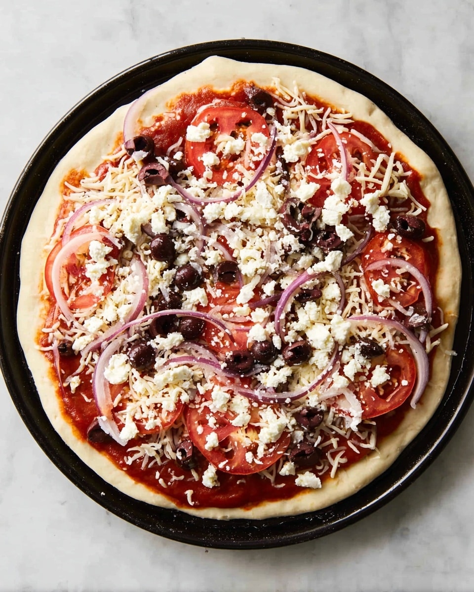 A round pizza with a thick, light beige dough base in a black pan. The first layer is a bright red tomato sauce spread evenly, topped with a thin layer of shredded pale yellow cheese. On top of the cheese are slices of red tomatoes and scattered dark purple olives. Thin, light purple onion strips are spread around, and the surface is sprinkled with crumbled white feta cheese, creating a mix of textures and colors. The pizza is placed on a white marbled surface photo taken with an iphone --ar 4:5 --v 7