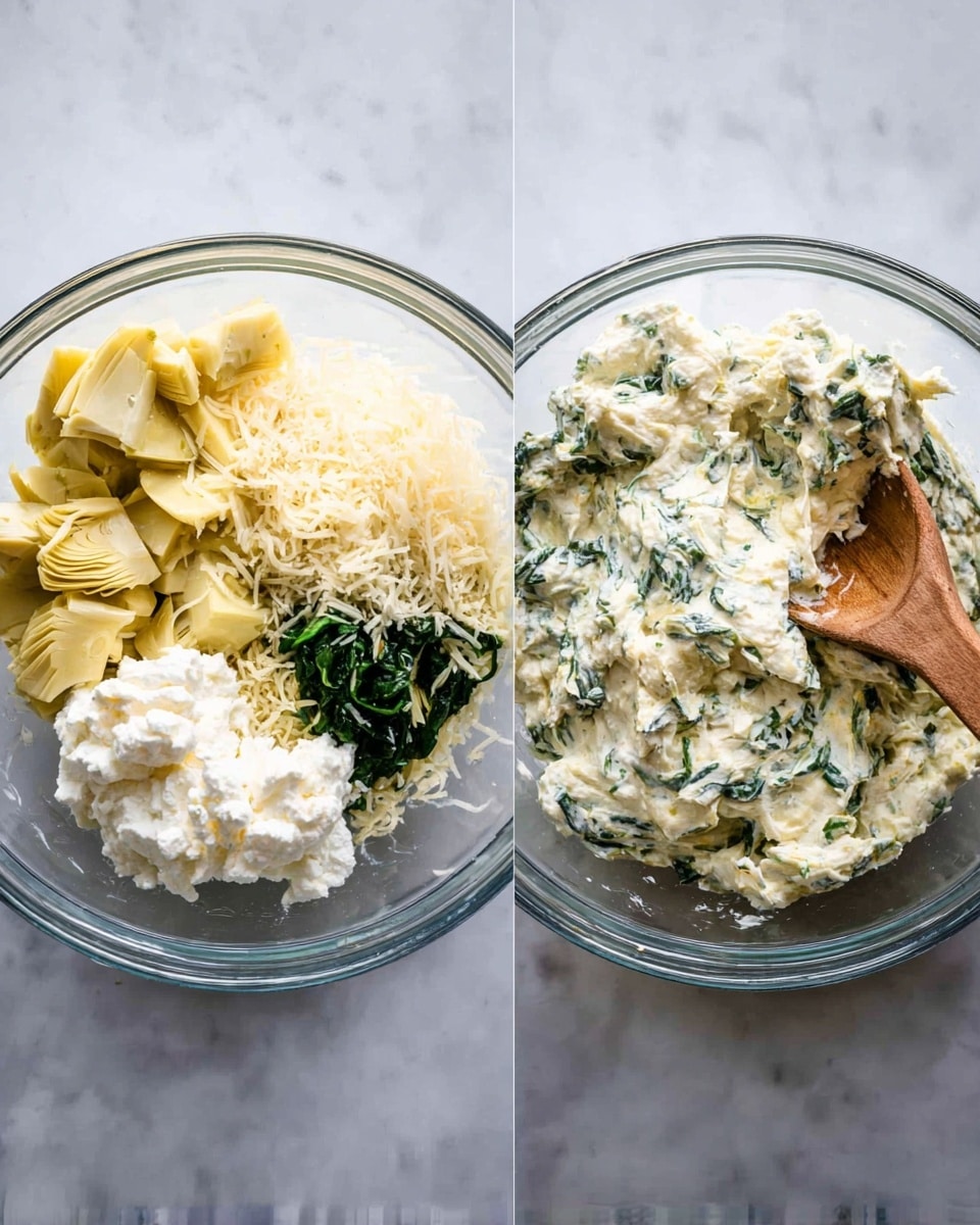 The image shows two glass bowls on a white marbled surface. The left bowl contains four separate layers: pale yellow chopped artichokes on the left, a heap of finely shredded white cheese at the bottom, dollops of white sour cream or cream cheese on the top right, and finely chopped dark green spinach placed above the cheese. The right bowl shows the same ingredients mixed together into one creamy, thick mixture with flecks of green and yellow visible throughout. A wooden spoon is partially placed inside both bowls. Photo taken with an iphone --ar 4:5 --v 7