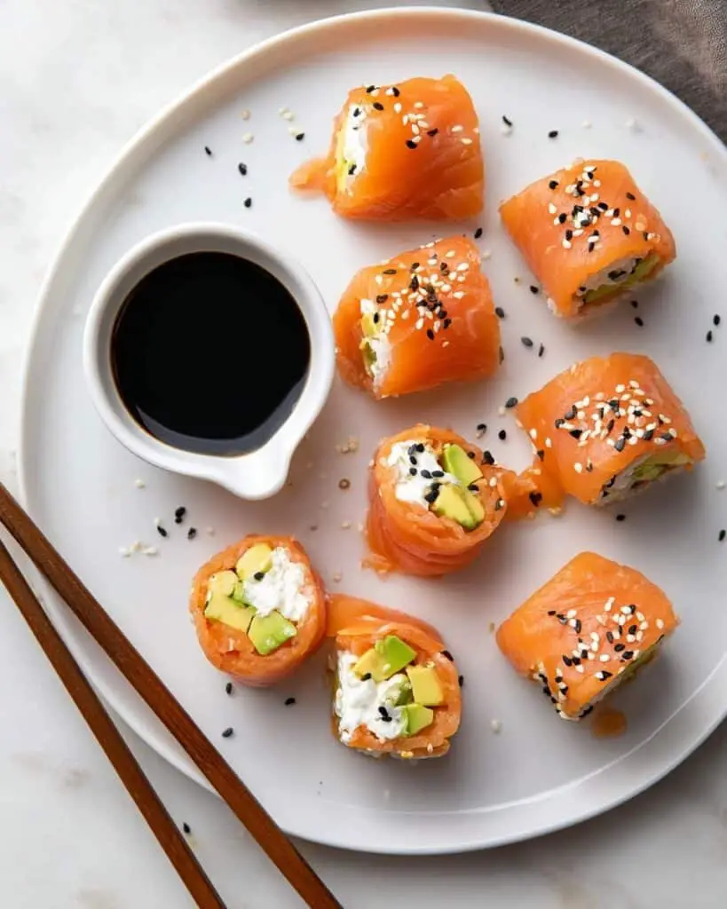 Keto Salmon Sushi Rolls with Cream Cheese, Cucumber, and Avocado Recipe