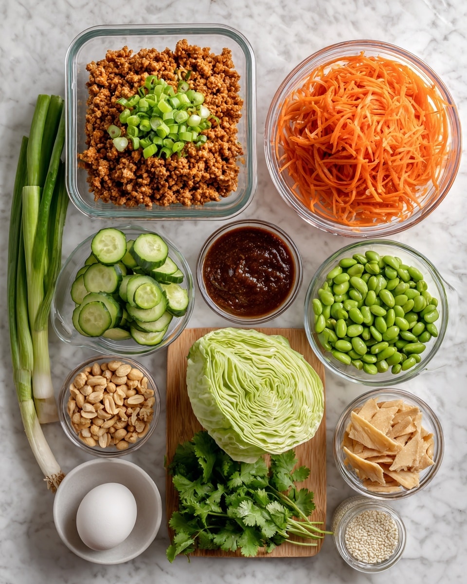 A round black pan sits on a white marbled surface filled with cooked light brown ground meat mixed with small white pieces of chopped onion and yellow minced ginger in the center. A woman's hand using a wooden spatula is stirring the mixture, visible as a blur on the right edge of the pan. To the right, a white wooden board holds a whole piece of ginger. The overall scene shows a close-up of cooking ground meat with fresh ingredients on a clean white marble background photo taken with an iphone --ar 4:5 --v 7