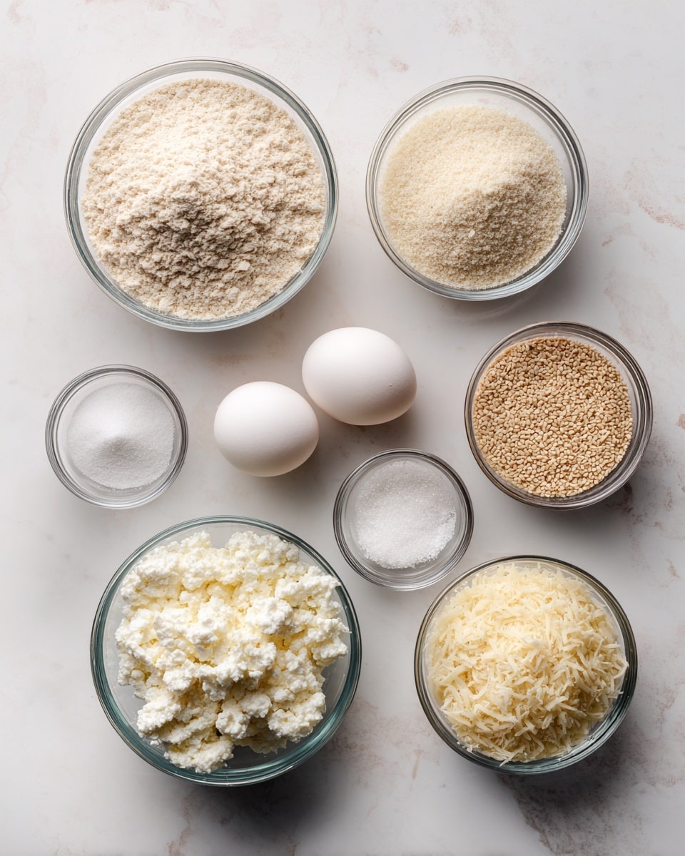 The image shows eight ingredients arranged neatly on a white marbled surface. At the top left is a clear glass bowl filled with light beige oat flour. To its right is a smaller clear glass bowl with a slightly darker beige almond flour. Below oat flour, there is a clear glass bowl filled with white cottage cheese with a soft, curdy texture. Near the center, two white eggs are placed side by side. To the right of the eggs is a transparent jar filled with small beige sesame seeds. Below the cottage cheese is a small silver container with white salt. Next to it on the right is another small silver container holding white baking powder. Finally, at the bottom right is a clear glass bowl containing pale yellow parmesan cheese with a crumbly texture. Each ingredient is labeled with black text on white rectangles directly above or beside them. photo taken with an iphone --ar 4:5 --v 7