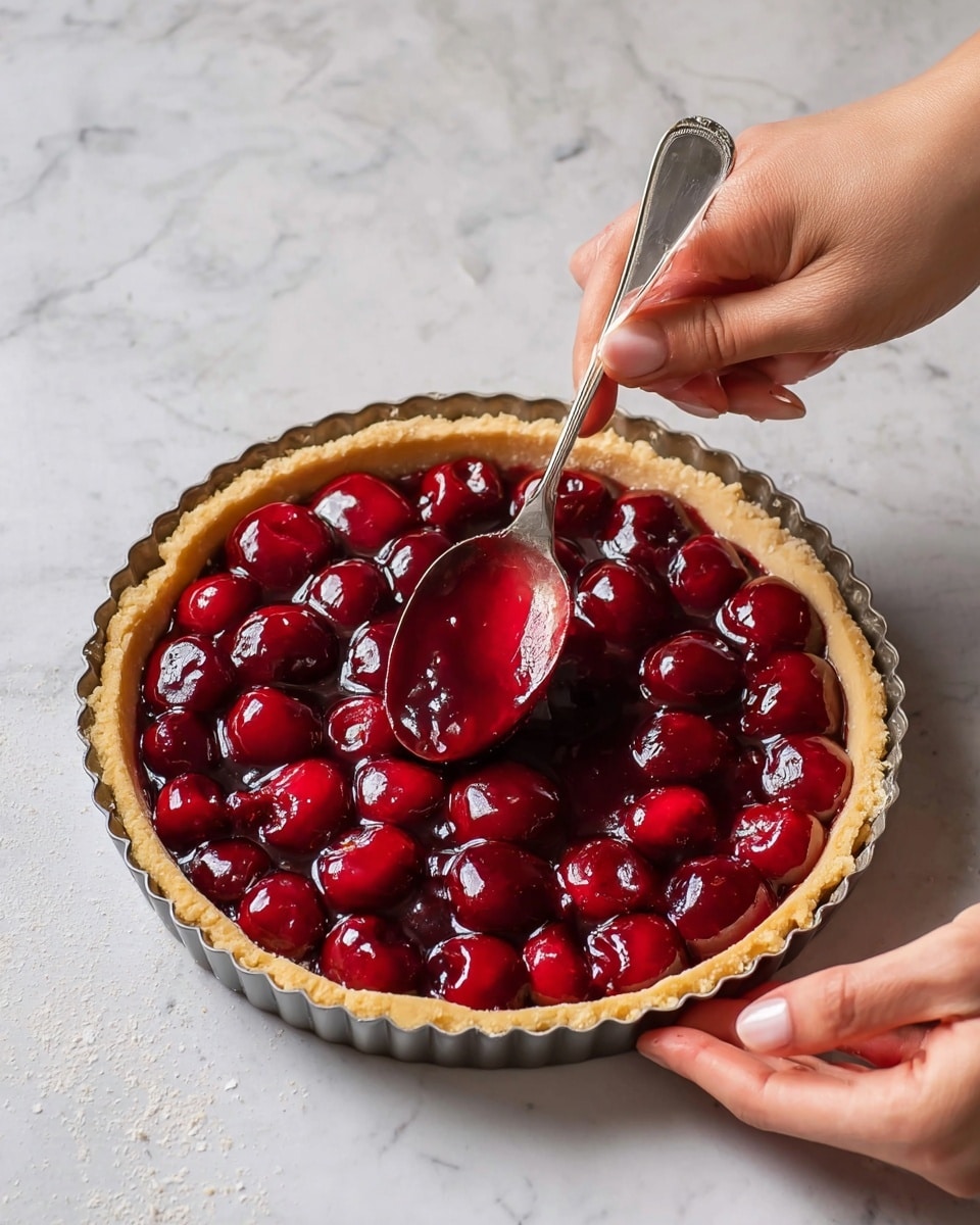 A round tart with three visible layers: the bottom layer is a golden brown crust with a slightly thick edge in a metal tart pan, the middle layer is a shiny, deep red cherry filling with whole cherries spread evenly, a woman's hand holds the tart pan while another woman's hand uses a silver spoon to spread the cherry filling smoothly, all placed on a white marbled surface. photo taken with an iphone --ar 4:5 --v 7