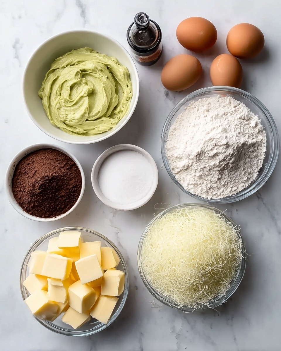 The image shows several ingredients placed neatly on a white marbled surface. There are three brown eggs positioned near the top right. Below the eggs, a white bowl contains a creamy green paste with a smooth texture. To the right of this bowl, a white bowl holds white flour, finely piled. At the top left, there is a small dark bottle of vanilla extract. Next to it, a white bowl is filled with dark brown cocoa powder, looking soft and powdery. Below the cocoa, a white bowl contains bright yellow cubes of butter, with smooth edges. To the right of the butter, a large clear bowl is full of fine, thin, light beige strands that look delicate and airy. Below these bowls, a white bowl is filled with white granulated sugar, smooth on top. Lastly, a small white bowl to the bottom right contains a fine white powder, likely salt. The overall setting is clean and organized. photo taken with an iphone --ar 4:5 --v 7