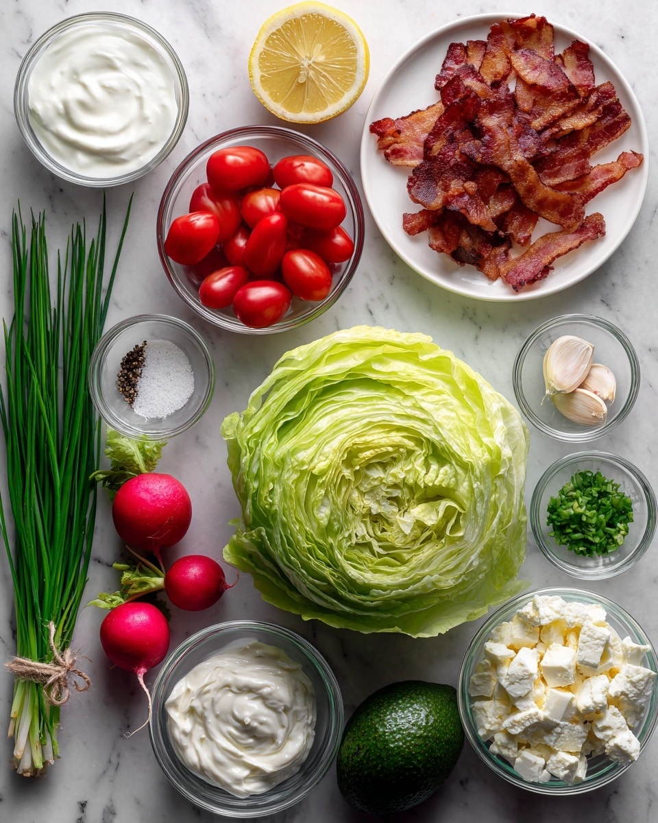 A white marbled surface shows various fresh salad ingredients arranged neatly: a large round light green iceberg lettuce in the center; to its left, a glass bowl of white buttermilk and another glass bowl of bright red cherry tomatoes; below the tomatoes are small glass bowls of white salt and black pepper. Below the lettuce is a small glass bowl of smooth white sour cream, three red radishes with green stems, and a single garlic clove. To the right of the lettuce are a small glass bowl of creamy mayo and another bowl filled with white and crumbly feta cheese cubes. Above these is a white plate stacked with crispy brown bacon strips. Further right, a bright yellow lemon, a bunch of green chives tied with a string, and a dark green bumpy-skinned avocado complete the display. Photo taken with an iphone --ar 4:5 --v 7