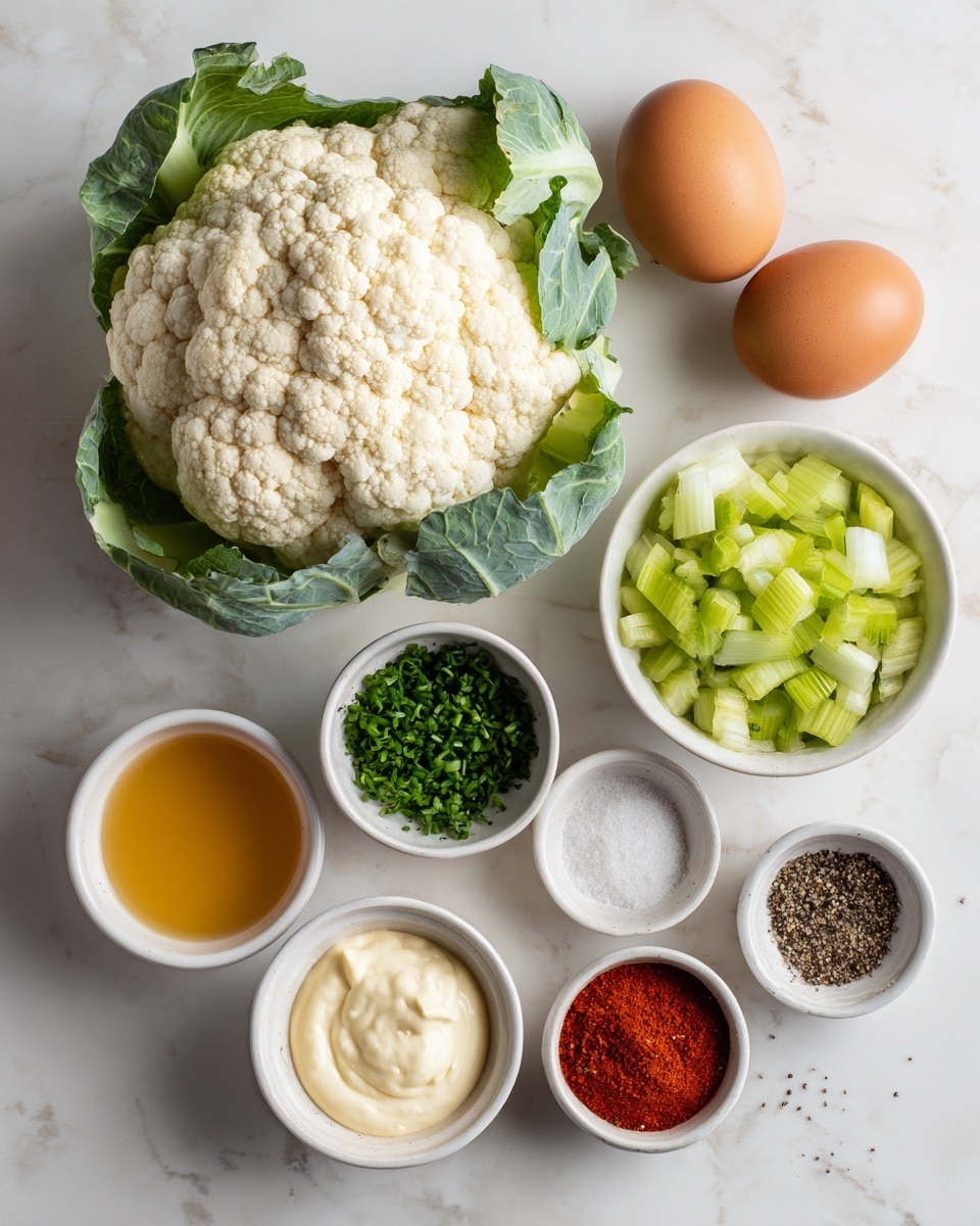 A whole head of cauliflower with green leaves sits on the left side of the image. To the right, two brown eggs lie next to a small white bowl filled with bright green chopped celery. Below are small white bowls containing golden apple cider vinegar, creamy white mayo, smooth mustard, chopped onion, finely cut chives, bright red paprika, and light brown garlic powder. Two more small white bowls hold black pepper and coarse white sea salt. All ingredients are placed neatly on a white marbled surface with clear labels above each item. Photo taken with an iphone --ar 4:5 --v 7