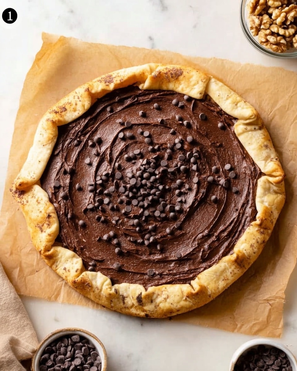 A round tart with a golden-brown crust that is folded unevenly at the edges, creating a rustic look. Inside the crust is a thick layer of dark chocolate spread with a slightly rough texture showing swirled patterns. On top of the chocolate spread, small dark chocolate chips are scattered evenly. The tart is placed on light brown parchment paper on a white marbled surface. Near the tart, there is a glass bowl with whole walnuts, and a small white bowl with more chocolate chips is visible in the lower right corner. Photo taken with an iphone --ar 4:5 --v 7