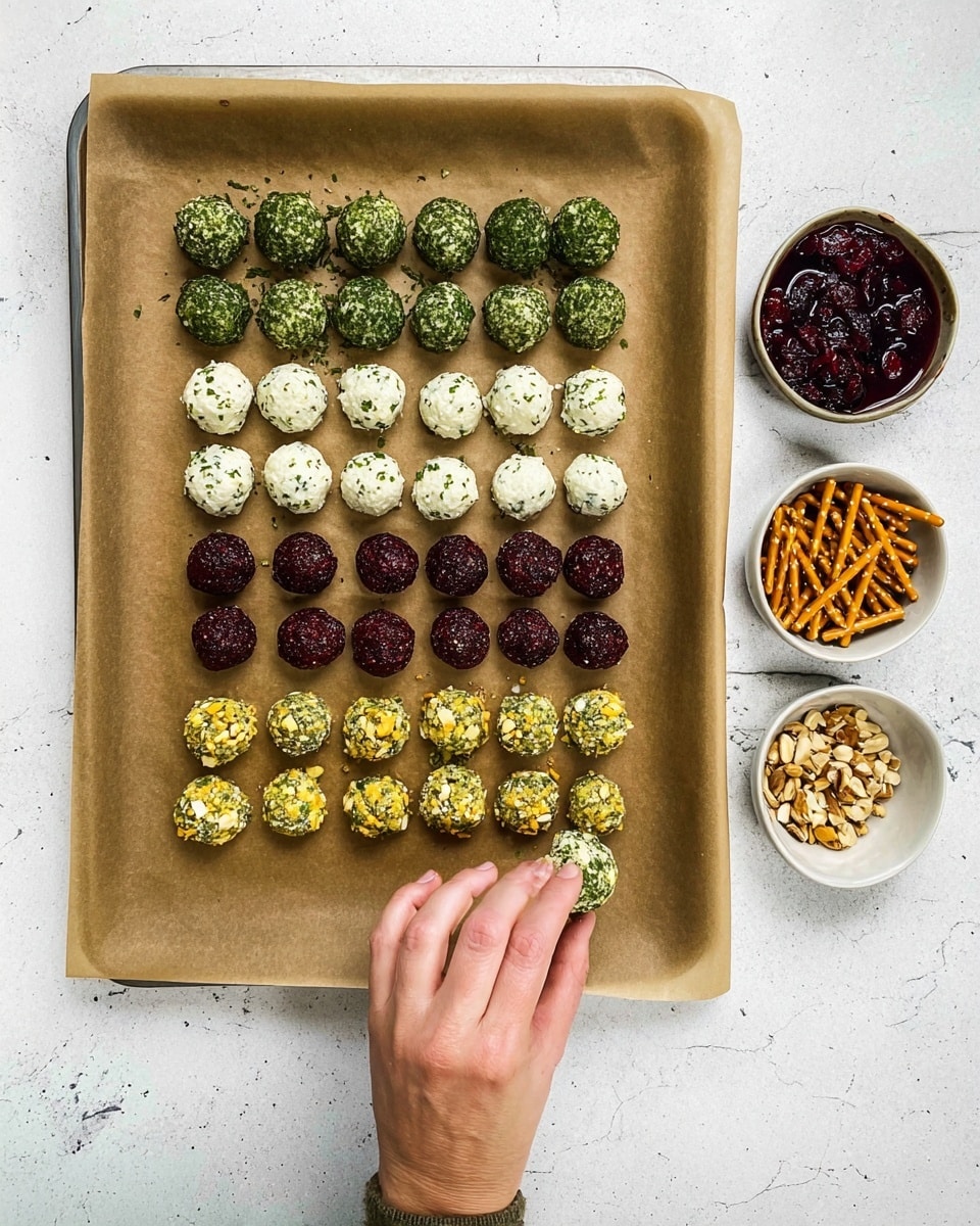 The image shows a square baking sheet lined with brown parchment paper, placed on a white marbled surface. On the paper, there are five rows of small round cheese balls arranged neatly in a grid. The top row has green cheese balls covered in herbs, the second and fourth rows have white cheese balls with a smooth texture, the third row has deep red cheese balls coated with dried cranberries, and the fifth row has yellow cheese balls covered with crushed nuts. To the right, there are three small white bowls holding pretzel sticks, crushed nuts, and dried cranberries respectively. A woman's hand is holding one green herb-covered cheese ball over the bottom right corner of the baking sheet. Photo taken with an iphone --ar 4:5 --v 7