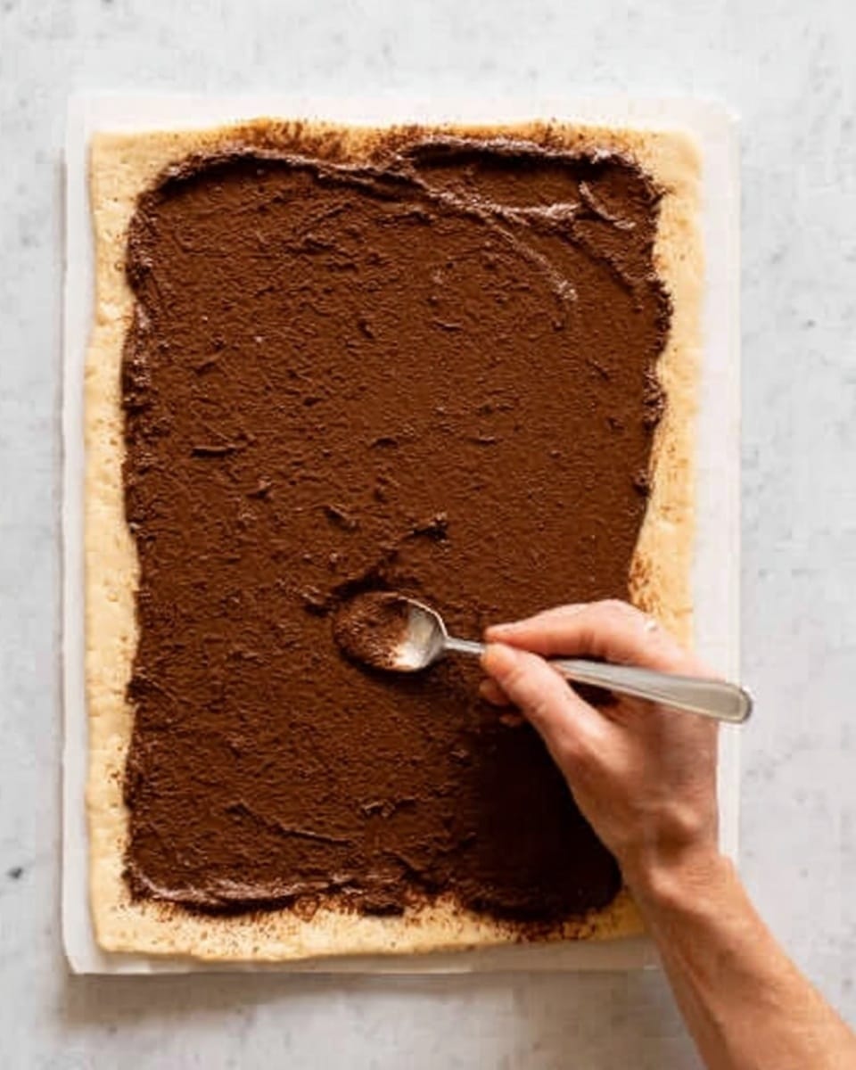 A rectangular piece of dough placed flat on a white marbled surface, covered in a thick, uneven dark brown spread that looks smooth and creamy. A woman's hand is holding a spoon, spreading the dark layer evenly across the dough from top to bottom. The dough has slightly raised edges, with a pale beige color and soft texture visible around the borders. Photo taken with an iphone --ar 4:5 --v 7