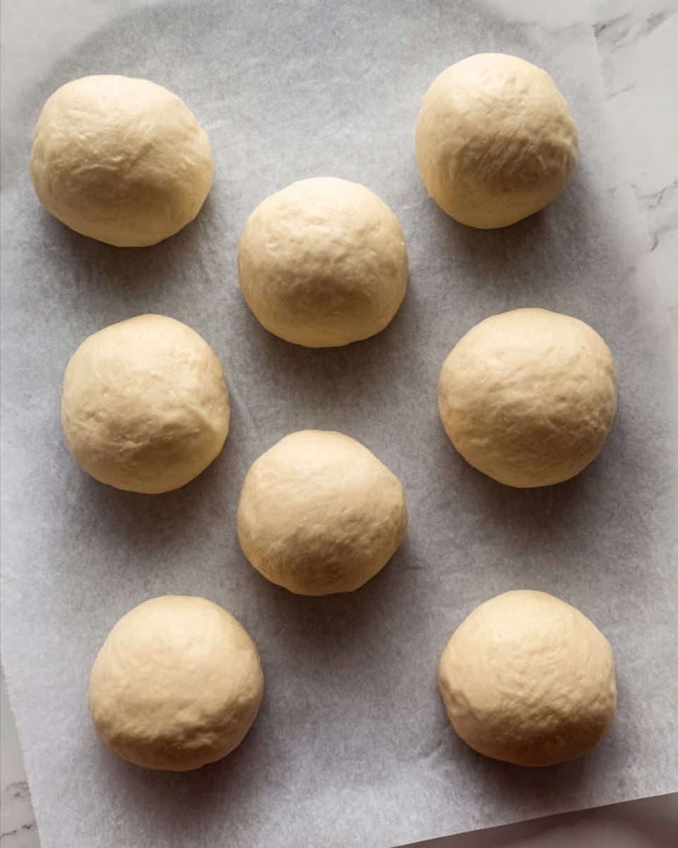 There are eight smooth, round dough balls placed evenly on light gray baking paper, arranged in a pattern with three at the top, two in the middle, and three at the bottom. Each dough ball is pale beige with a soft and slightly textured surface, sitting on a white marbled background that is only partially visible around the edges. The lighting is natural and soft, highlighting the gentle contours of the dough. photo taken with an iphone --ar 4:5 --v 7