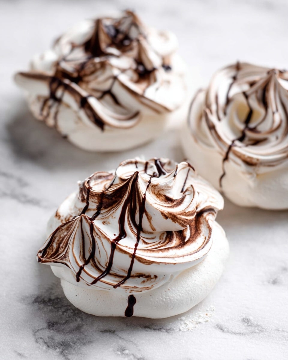 Three meringue nests sit on a white marbled textured surface. Each nest is white with soft, glossy peaks and swirls of dark chocolate mixed in, creating a marbled effect on the top layer. The meringues have a crisp outer shell with rough, textured, slightly cracked edges. A thin line of chocolate sauce is drizzled across the surface, running beneath the nests, adding contrast to the white and brown swirl. The nearest nest is in sharp focus, showing the smooth, creamy texture of the chocolate swirls, while the other nests fade softly into the background. photo taken with an iphone --ar 4:5 --v 7