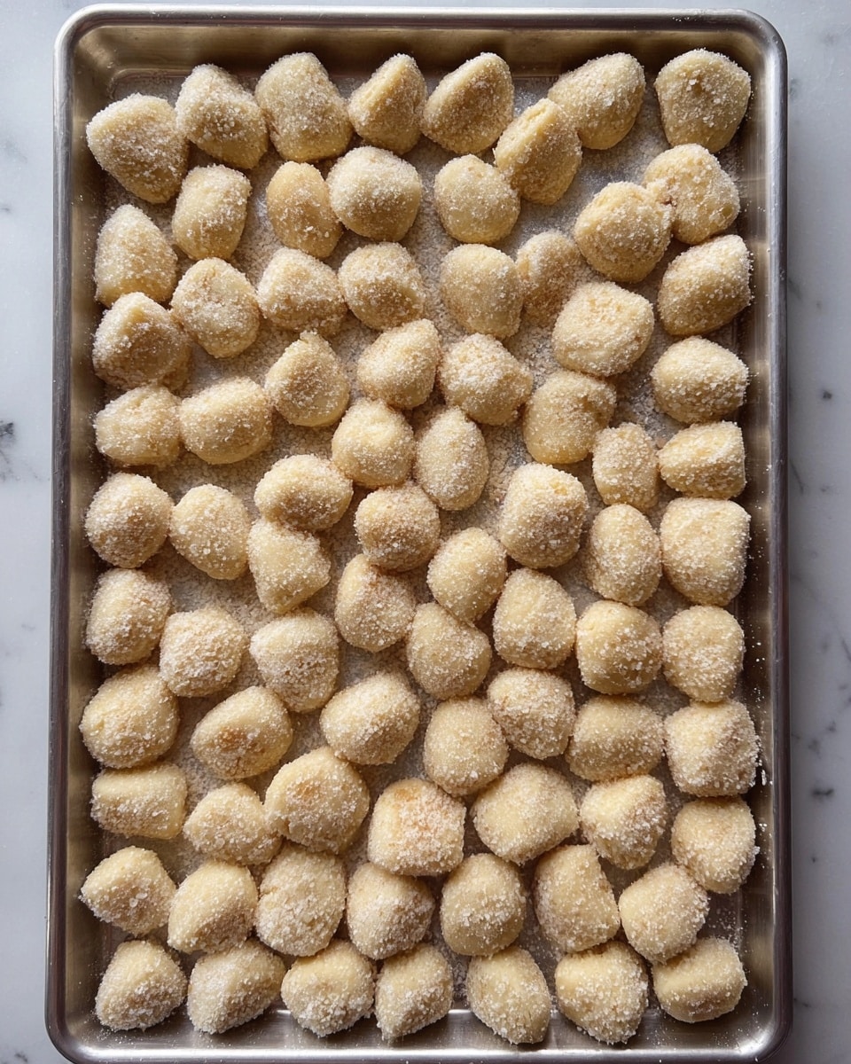 The image shows many small, round pieces of dough arranged closely in a single layer on a metal baking tray. Each dough piece is coated with a light layer of coarse salt, adding a slightly rough texture on top. The dough pieces are light beige with a soft, slightly bumpy surface. The baking tray is placed on a white marbled surface. photo taken with an iphone --ar 4:5 --v 7
