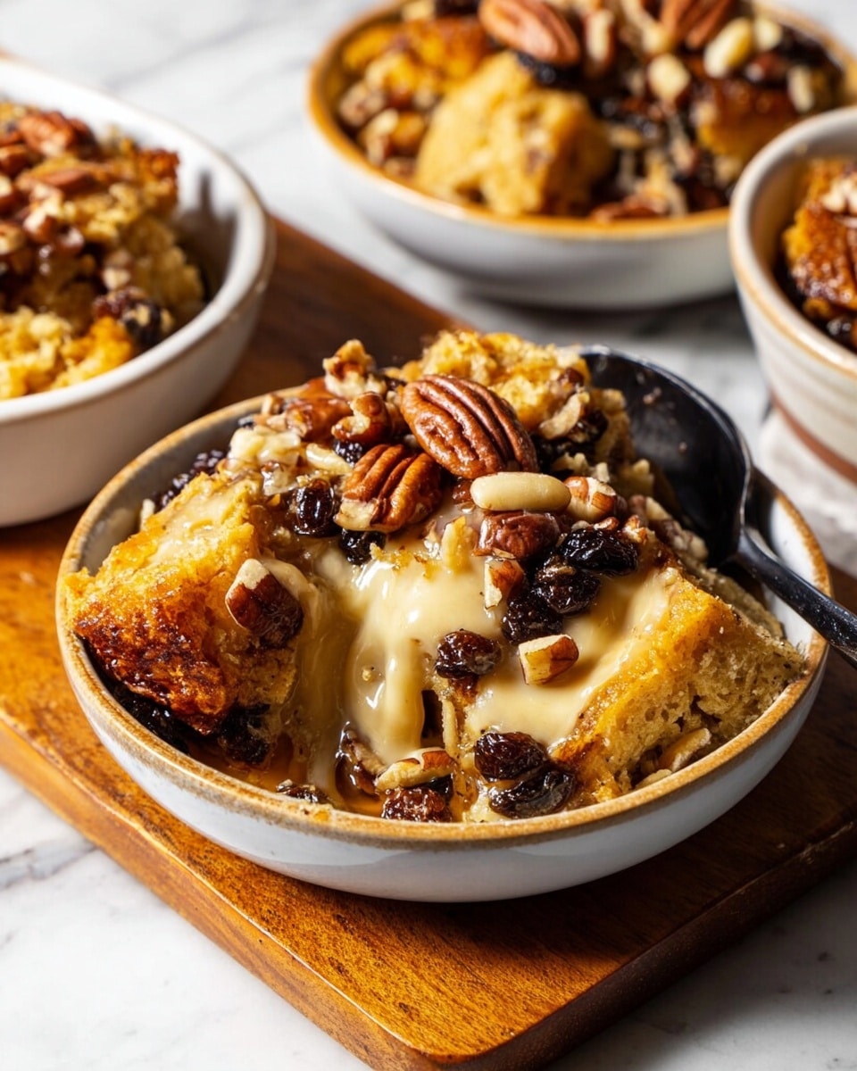 A round dish shows toasted slices of bread arranged in a single layer inside a thin toasted yellow tortilla shell lining the dish’s edges, topped with melted light cheese scattered unevenly, dark raisins, roasted peanuts, and whole pecans in a mix of brown and orange shades. The dish sits on a wooden board, and there is a metal spoon inside the dish resting on the side. Near the top left, two white plates stacked with two black spoons on top, and in the bottom right corner, a small bowl of dark syrup with a black spoon on the edge, all placed on a white marbled surface. Photo taken with an iphone --ar 4:5 --v 7