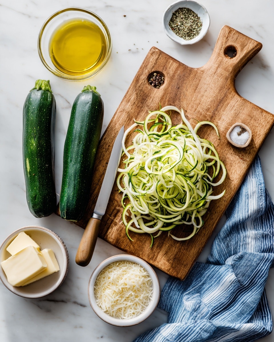 The image shows a wooden cutting board placed on a white marbled surface. On the left side of the board, there are two whole dark green zucchinis with smooth, shiny skin. To the right of the whole zucchinis, there is a pile of spiralized zucchini noodles with a light green and white color, showing thin, curly strands. A small knife with a light wooden handle rests partially on the board next to the spiralized zucchini. Above the cutting board, small white dishes and a glass bowl hold various ingredients: a clear glass bowl filled with golden olive oil, a small white dish with a pale block of butter, a mint-colored bowl filled with fine grated parmesan cheese, a tiny white bowl with minced garlic showing a light beige texture, and a white dish holding sea salt, black pepper, and crushed red pepper flakes arranged in three small piles. A blue and white striped cloth is folded on the upper right corner. The scene is bright and clean with a focus on the fresh ingredients photo taken with an iphone --ar 4:5 --v 7