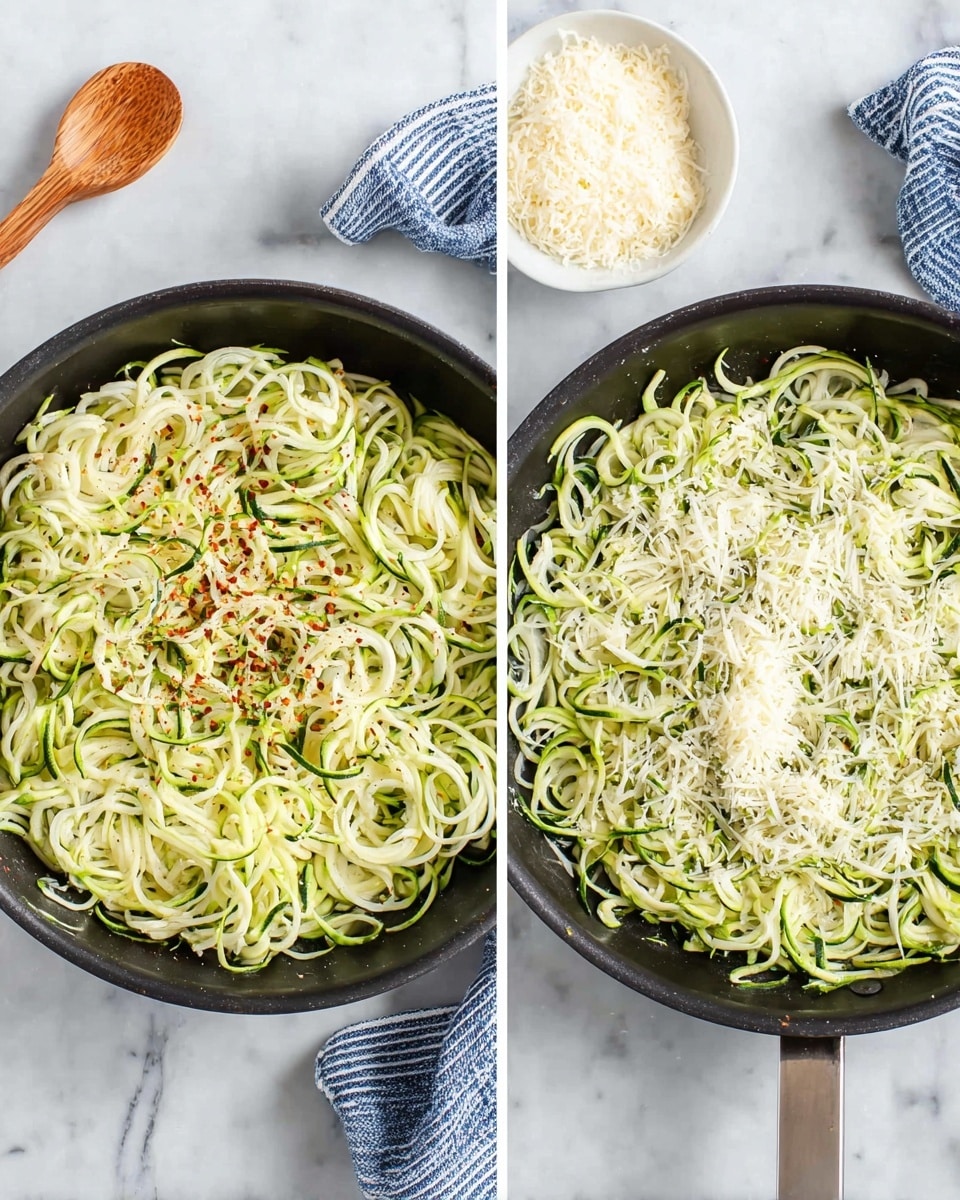 The image shows two views of a black skillet filled with spiralized zucchini noodles. The noodles are light green and white, thin and curly, and cover the entire skillet surface evenly. In the left view, the noodles are plain with a light sprinkle of red pepper flakes and black pepper. In the right view, the noodles have a layer of grated white cheese sprinkled on top, with some small clumps of cheese scattered around. The skillet is placed on a white marbled surface, with a wooden spoon to the top left and a small white bowl with grated cheese above the skillet. A blue and white striped cloth is partially visible at the top right of both views. Photo taken with an iphone --ar 4:5 --v 7