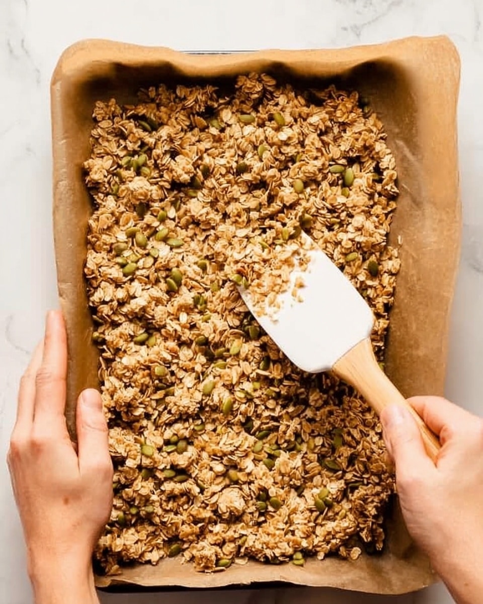 The image shows a close-up of two woman's hands spreading a golden-brown oat granola mixture with a white spatula on a baking tray lined with brown parchment paper. The granola has a rough texture with clusters of oats mixed with light green pumpkin seeds scattered throughout. The baking tray edges are slightly visible, and the background has a white marbled surface. photo taken with an iphone --ar 4:5 --v 7