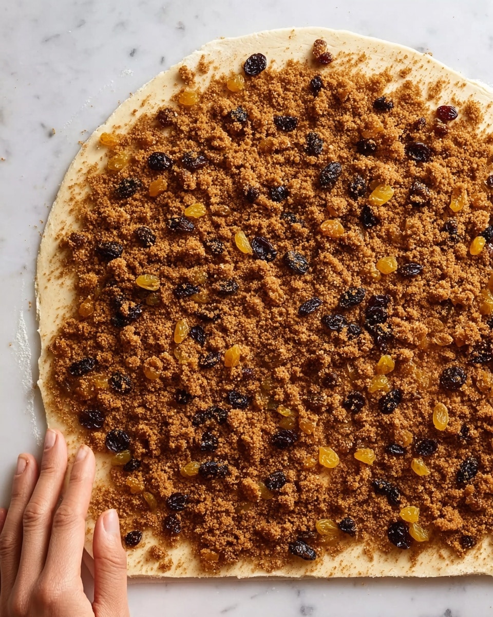 A close-up top view shows a layer of light dough spread flat on a white marbled surface. Over the dough, there is a thick, even layer of brown crumbly sugar mixed with a generous amount of dark raisins and small pieces of yellow dried fruit, scattered evenly across the surface. At the bottom right, a woman's hand is gently touching the edge of the dough, adding a sense of interaction with the food. Photo taken with an iphone --ar 4:5 --v 7