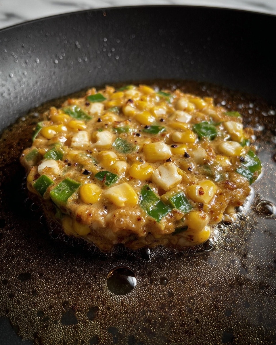 The image shows a close-up of a small, round, thick patty cooking in a black pan with oil around it. The patty has three distinct layers: the base has green chunks that look like chopped vegetables, mostly peppers; the middle layer is dotted with white small pieces that resemble cheese or diced onions; and the top layer is creamy and light brown with visible yellow corn kernels mixed throughout. The texture of the patty is soft and slightly lumpy, with some specks of seasoning sprinkled on top. The surface of the pan is shiny with tiny oil bubbles around the patty, and the background is a white marbled texture. photo taken with an iphone --ar 4:5 --v 7