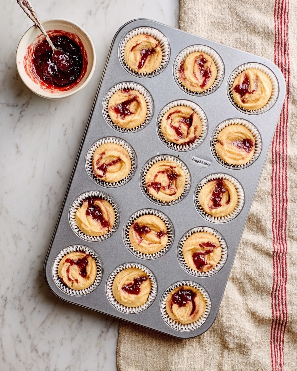 A grey metal muffin tray filled with twelve unbaked muffins, each in white paper liners. The muffins have a light tan batter base with swirls of dark red jam mixed throughout the top layer, creating a marbled effect. Next to the tray is a small white bowl with red jam and a spoon inside. The tray is set on a white marbled surface, with a beige towel featuring red stripes placed to the right side. Photo taken with an iphone --ar 4:5 --v 7