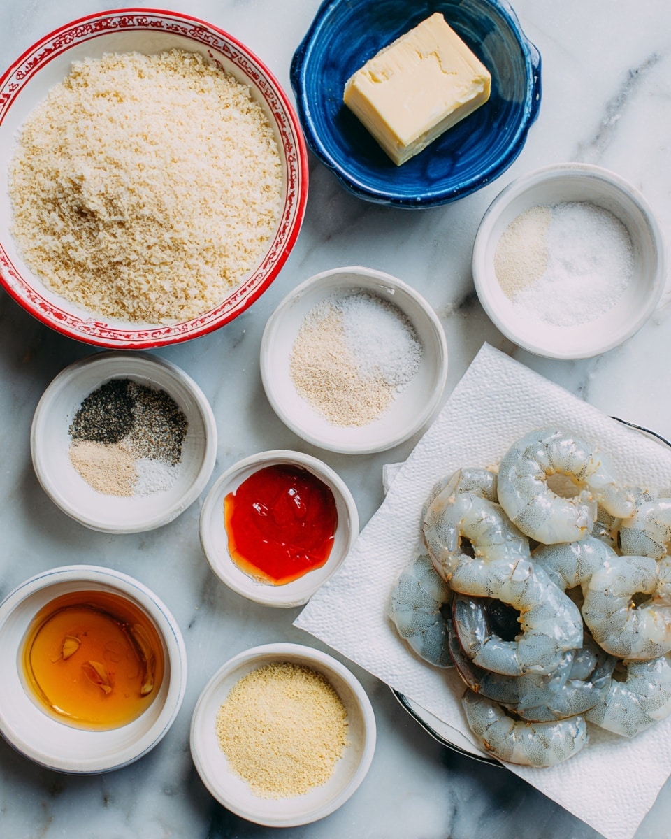 The image shows several white dishes arranged on a white marbled surface, each containing different cooking ingredients. A large white plate on the right holds jumbo shrimp with a pale, translucent grey color, resting on a white paper towel. Above it, a small blue bowl contains a square piece of pale yellow butter. On the left side, a white bowl with a red rim is filled with light beige panko breadcrumbs. Below that, another white bowl with a red rim holds a mix of flour in light off-white color, black pepper, and some pink salt. Below these bowls, there are two small white bowls, one with orange honey and the other with bright red hot sauce. To the right of these bowls is a small white plate with light yellow garlic powder and pale beige onion powder. The overall setup is clean and neatly organized. Photo taken with an iphone --ar 4:5 --v 7