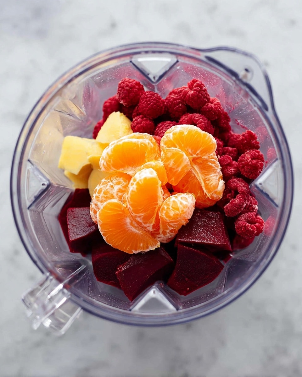 Inside a clear blender container, there are three layers of fruits. At the bottom layer, deep red raspberries and dark red beet cubes form a textured base. Above this, a few bright yellow chunks of ginger rest in the middle. On top, a layer of shiny, bright orange mandarin slices is neatly placed around the ginger. The blender container sits on a white marbled surface. Photo taken with an iphone --ar 4:5 --v 7