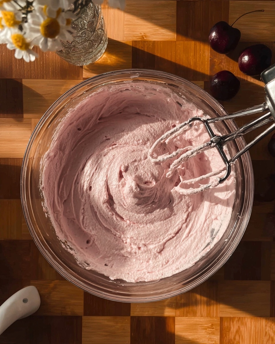 A clear glass bowl filled with a thick, whipped pink cream that has a smooth, slightly textured surface with visible swirls made by a hand mixer; the mixer beaters, coated in the pink cream, rest inside the bowl at the center bottom of the image. The bowl is placed on a checkered wood surface with light and dark brown squares. In the top left corner, there is a small glass vase with a few white and yellow flowers. A couple of dark cherries rest on the wood surface near the top right of the bowl. The lighting creates soft shadows and a warm glow. Photo taken with an iphone --ar 4:5 --v 7