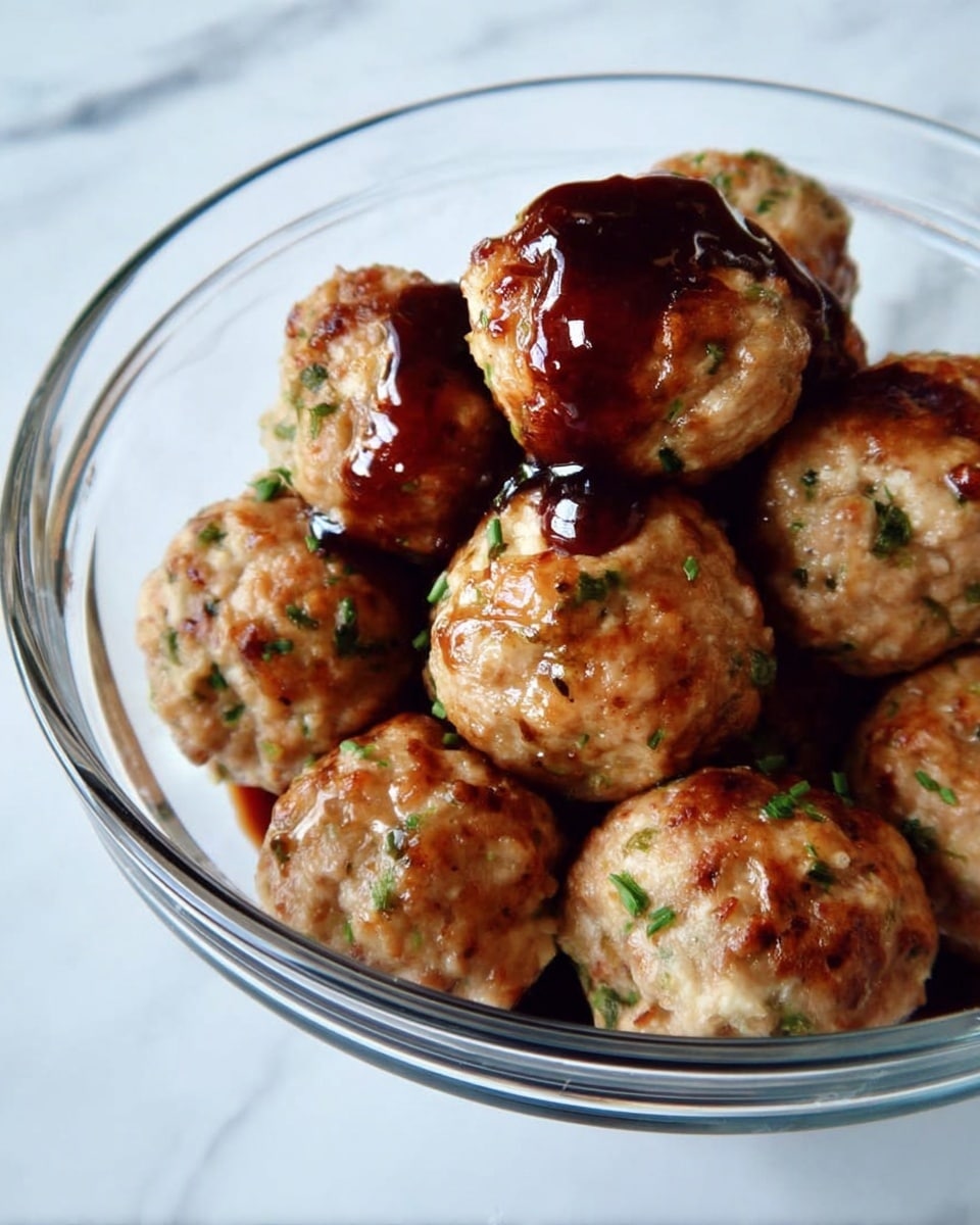 A clear glass bowl filled with about eleven round meatballs that are light brown with small bits of green herbs visible throughout. The meatballs have a slightly rough texture. On top of the center meatballs, there is a dark, glossy sauce drizzled unevenly, adding a shiny contrast. The bowl is placed on a white marbled surface. photo taken with an iphone --ar 4:5 --v 7