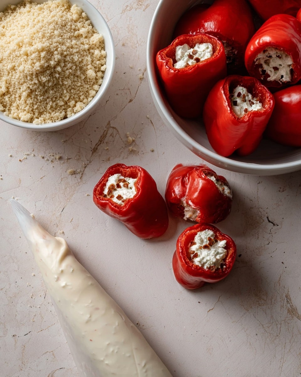 The image shows a top view of small bright red peppers with a shiny, smooth skin, some whole and some hollowed out on a white plate on the right side. Four of the peppers are stuffed with a white creamy filling topped with a light crumbly mixture, placed directly on a white marbled surface in the center. Above these, a white bowl filled with a light crumbly texture sits in the top left corner. To the right of the bowl is a clear piping bag filled with a white mixture containing green and dark small bits, ending with a metal nozzle. One stuffed pepper lies alone on the marbled surface near the bowl. The colors are vibrant with red, white, and beige tones. photo taken with an iphone --ar 4:5 --v 7