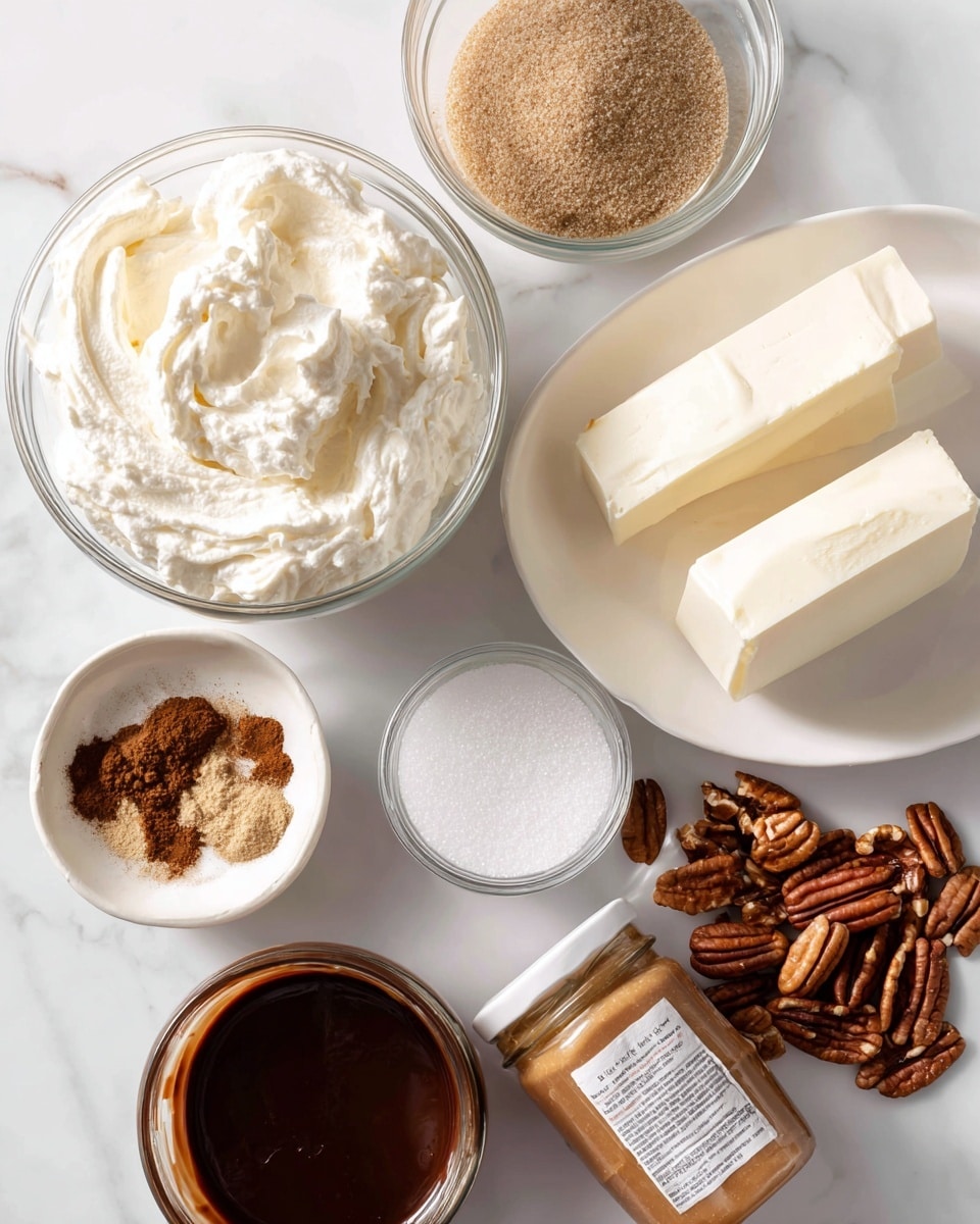 The image shows various ingredients placed on a white marbled surface. In the center top, there is an open brown paper bag filled with light brown powder labeled brownie mix. To the left, a clear round bowl holds fluffy white whipped topping. Below it, a smaller clear bowl contains light brown brown sugar. In the middle, a tiny round glass bowl with light brown cinnamon and nutmeg powder sits above a larger clear bowl filled with white granulated sugar. On the right side, two rectangular blocks of smooth white cream cheese rest on a white plate. At the bottom, a small glass jar is filled with smooth caramel sauce. Next to it, scattered pecans are placed beside a small clear bowl containing thick, dark hot fudge. The arrangement is neat and each ingredient is clearly visible. Photo taken with an iphone --ar 4:5 --v 7