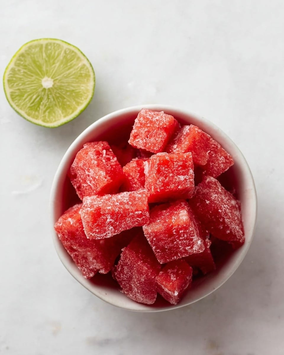 A white bowl filled with many bright red frozen watermelon chunks, all showing a frosty texture on their surface, positioned on a white marbled background. Above the bowl is a half lime, showing its green inner color and texture. The photo taken with an iphone --ar 4:5 --v 7