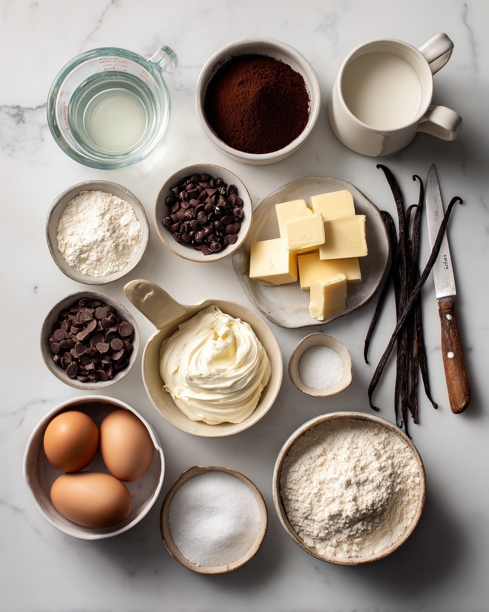 The image shows various baking ingredients placed neatly on a white marbled surface. Starting from the top left, there is a clear measuring jug filled with water, next to a small white bowl with dark brown espresso powder, and another small white bowl containing dark chocolate pieces. Below that, a small white bowl holds white powdered sugar, and a larger white bowl with light beige caster sugar is placed near the center. Next to it is a white mug with some milk. A small white bowl contains white baking powder on the upper right side, while a bit lower, a small white bowl of salt is placed beside a white plate with two split vanilla bean pods and a small knife with a wooden handle. Towards the bottom, a small white bowl is filled with light yellow cubed butter, and next to it on the left is a white bowl with white all-purpose flour. Centrally positioned is a larger white bowl sharing creamy white mascarpone cheese, adjacent to an orange-brown bowl holding four whole brown eggs. Near the bottom left is a small white bowl holding dark brown cocoa powder. Everything is arranged in an organized manner with clear labeled text identifying each ingredient photo taken with an iphone --ar 4:5 --v 7