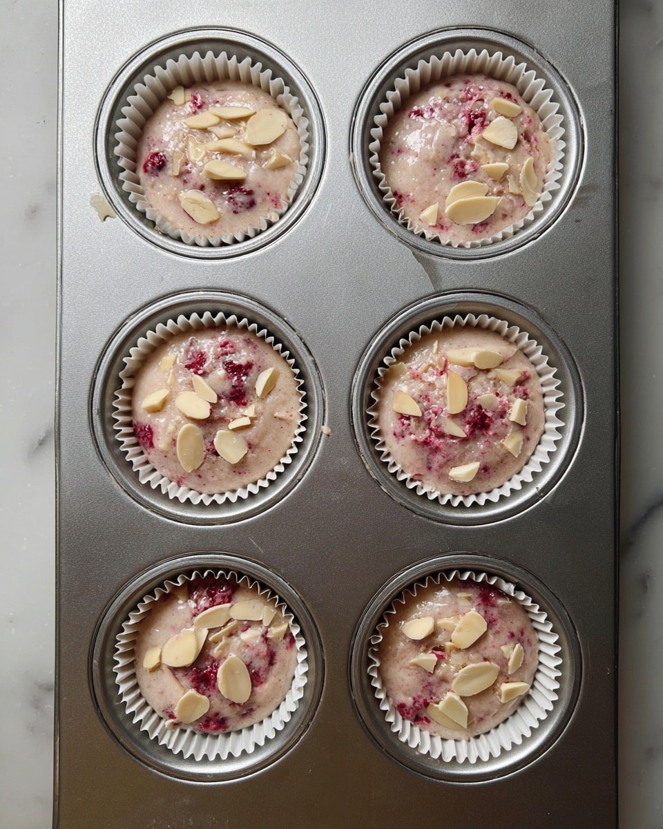 A metal muffin tray with twelve slots holds five white paper cups filled with a light pink batter that has bits of red fruit mixed in. Each filled cup is topped with thin, pale yellow almond slices scattered unevenly on top. The rest of the slots are empty, showing the shiny silver base of the tray with small water droplets. The tray sits on a white marbled surface. photo taken with an iphone --ar 4:5 --v 7