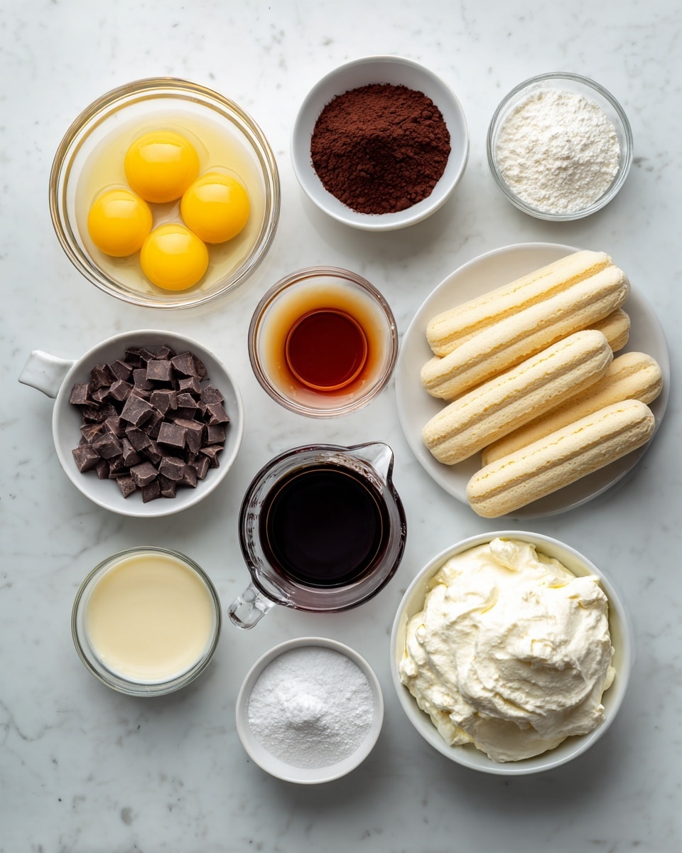 The image shows an overhead view of ingredients placed on a white marbled surface. There are ten small white bowls and a clear glass round bowl arranged neatly. The top-left bowl contains bright yellow egg yolks with a smooth texture. To the right is a small bowl of dark brown cocoa powder with a fine, powdery look. Below that is a small bowl of orange marsala liquid, glossy and smooth. Next to it is a clear glass small jug with dark brown coffee, showing bubbles on the surface. Below the coffee is a clear plastic pack of light brown ladyfingers, neatly stacked in two layers. In the center is a clear glass bowl filled with creamy white mascarpone cheese, soft and fluffy in appearance. To the left is another white bowl holding small squares of chopped chocolate, dark brown with some texture. Beside it is a white bowl with round milk chocolate pieces, smooth and shiny with small nut bits. Below is a small white bowl with pale vanilla liquid. At the bottom left is a small clear glass jug filled with white cream, smooth with a slight reflection. Next to the cream is a white bowl filled with fine white castor sugar. The whole setup is clean and well organized, with natural light highlighting the textures and colors. Photo taken with an iphone --ar 4:5 --v 7