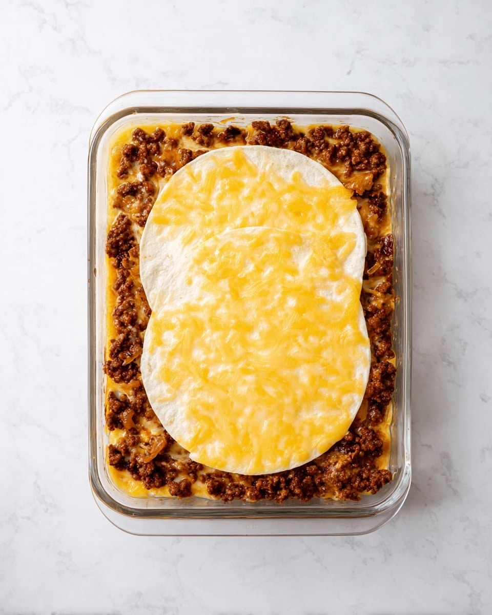 A clear glass rectangular dish sits on a white marbled surface, showing a layered casserole being prepared. The bottom layer is a smooth, bright orange sauce spread evenly across the dish. On top of that is a thick layer of crumbly cooked ground meat with a rich brown color mixed with small bits of onions. Two large white tortillas with light brown spots from cooking lay flat over the meat, slightly overlapping in the middle, covering most of the filling below. Photo taken with an iphone --ar 4:5 --v 7