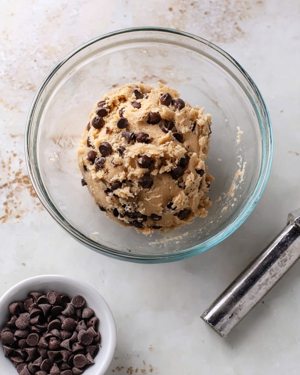 A clear glass bowl sits on a white marbled surface, containing a single large scoop of light brown cookie dough mixed with many dark chocolate chips scattered throughout. To the lower right, there is a small white bowl filled with extra dark chocolate chips. A metal scoop rests nearby on the marbled surface. The focus is on the dough inside the bowl, showing its soft and slightly grainy texture mixed with the smooth chocolate chips. photo taken with an iphone --ar 4:5 --v 7