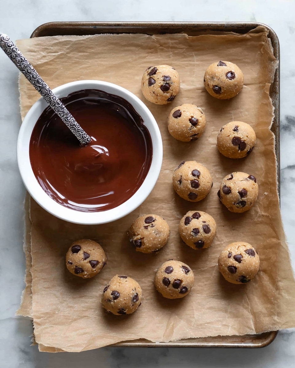 On a baking tray covered with crinkled brown parchment paper, twelve round cookie dough balls with small dark chocolate chips are placed in a loose group, showing a light brown, slightly grainy texture. To the left side of the tray, there is a white bowl filled with smooth, glossy melted chocolate, with a patterned metal spoon resting inside, its handle angled diagonally across the bowl. The overall setup is on a white marbled surface. photo taken with an iphone --ar 4:5 --v 7