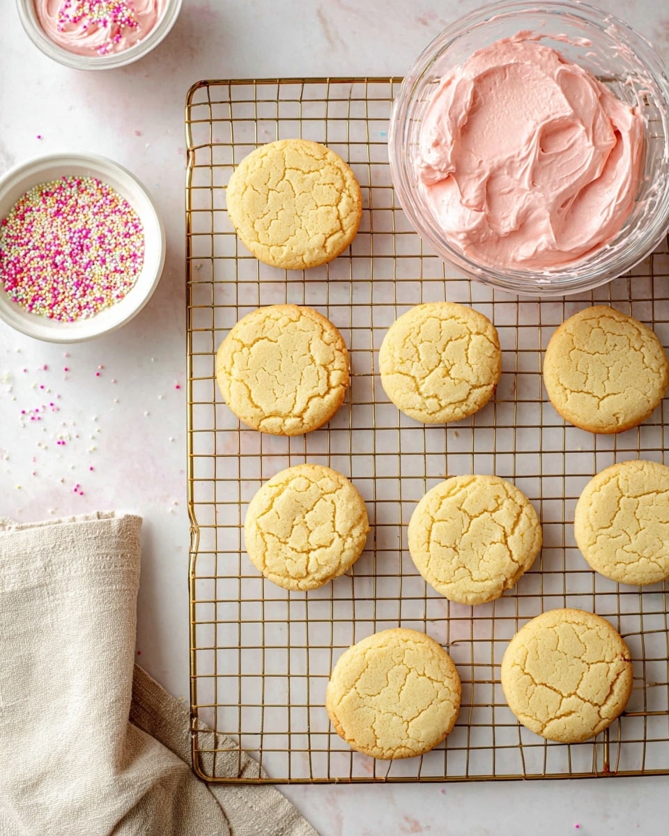 Nine round, light golden cookies with cracked tops sit spread out on a gold cooling rack over a white marbled surface. To the upper right of the cookies, there is a clear glass bowl filled with smooth, pale pink frosting. Near the upper left corner of the rack, a small white bowl contains pink, white, and yellow sprinkles. A folded light beige cloth is placed near the bottom left corner of the image. photo taken with an iphone --ar 4:5 --v 7
