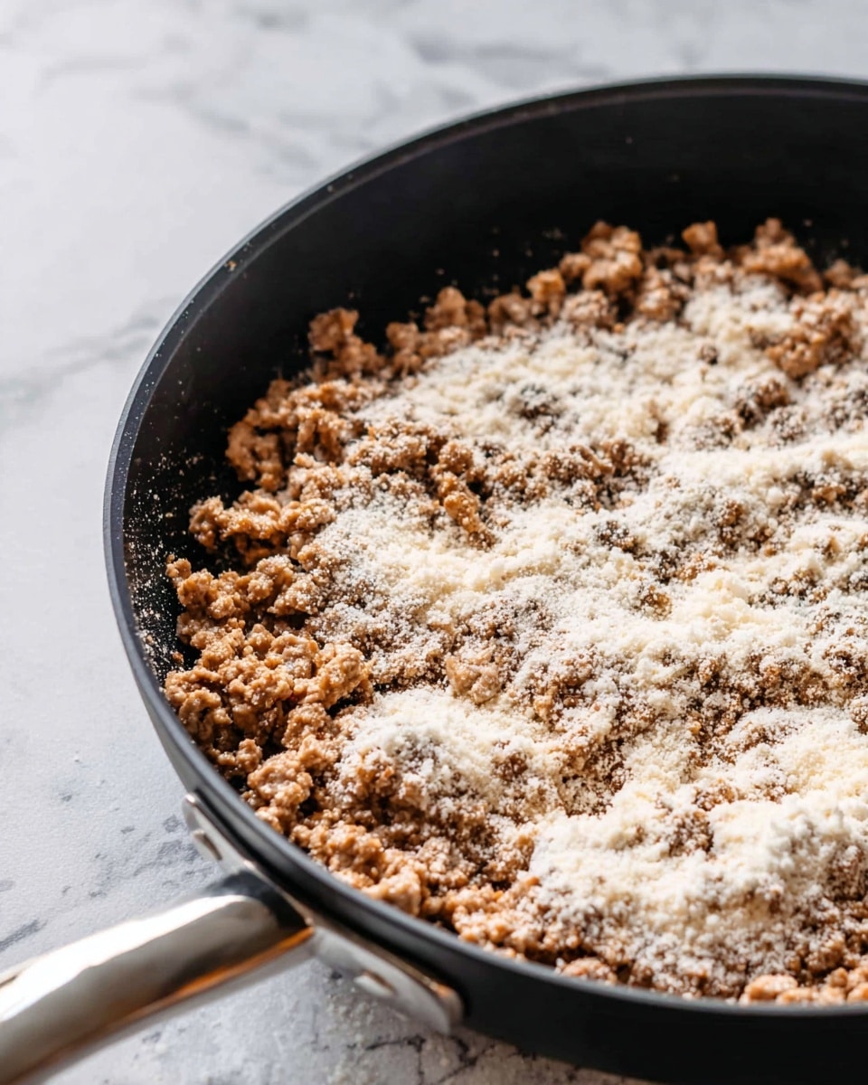 A close-up view of a black cooking pan filled with cooked ground meat mixed with light-colored powder sprinkled unevenly over the top. The cooked meat is small crumbles in a light brown shade with some darker browned bits, creating a textured and grainy look. The light-colored powder looks fine and powdery, resting on the meat in multiple patches across the pan’s surface. The pan has a shiny metallic handle and is set on a white marbled surface. photo taken with an iphone --ar 4:5 --v 7