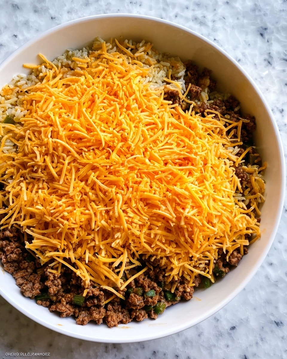 A white round bowl filled with three visible layers: the bottom layer is dark brown cooked ground meat with some green vegetable bits mixed in, the middle layer is light yellow cooked rice, and the top layer is a thick, even spread of bright orange shredded cheese covering the whole surface. The bowl sits on a white marbled texture surface. Photo taken with an iphone --ar 4:5 --v 7