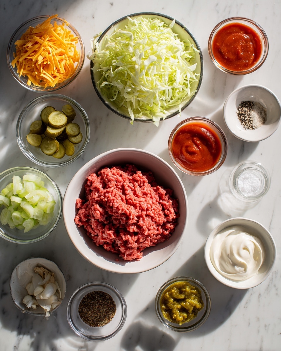 The image shows a top view of many small bowls and a larger bowl filled with ingredients on a white marbled surface. The largest bowl in the center holds raw ground beef with a textured and chunky red appearance. Surrounding it, there are bowls of shredded light green iceberg lettuce, bright orange shredded cheddar cheese, sliced green pickles, and finely chopped white onions. Smaller bowls contain various sauces and spices: a smooth bright red ketchup, a small amount of hot sauce with a bright reddish-orange liquid, green relish with a chunky texture, creamy white Greek yogurt, and mustard with a smooth yellow surface. A small dish holds white salt crystals, ground black pepper, smoked paprika with a reddish powder, and crushed minced garlic with a pale yellow tone. The ingredients are arranged neatly with clear labels near each bowl. The lighting is soft and natural, creating mild shadows. photo taken with an iphone --ar 4:5 --v 7