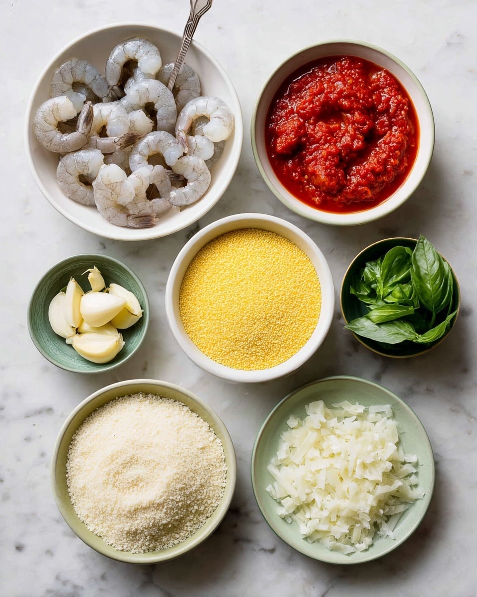 The image shows seven white bowls arranged on a white marbled surface, each holding a different ingredient. One bowl contains raw gray shrimp with curled tails. Another bowl has a bright red chunky tomato sauce with a spoon in it. A third bowl holds yellow fine cornmeal, smooth and even. There is chopped white onion in one bowl, small and uniform pieces. Another bowl contains peeled minced garlic, light and small. One bowl is filled with finely grated white cheese, fluffy and soft in texture. Finally, there is fresh green basil leaves stacked neatly in a small bowl. Photo taken with an iphone --ar 4:5 --v 7