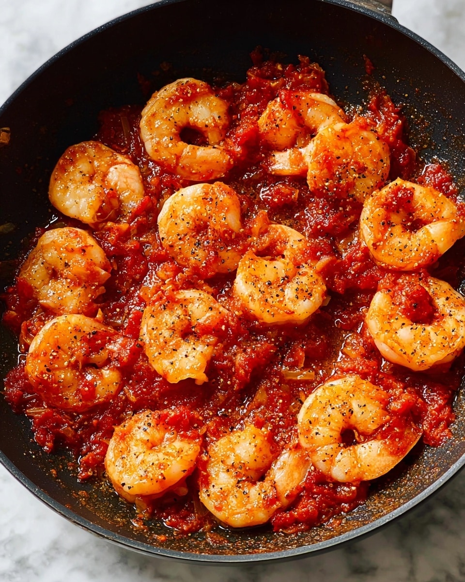The image shows a black pan filled with cooked shrimp in a bright red tomato sauce. There are about fourteen shrimp, evenly spread out in the pan, each covered lightly with the chunky sauce made of crushed tomatoes and small pieces of onion. The shrimp are pale orange with a bit of black pepper sprinkled on top. The sauce is thick and has a slightly glossy texture, filling in the spaces around and under the shrimp. The pan is on a white marbled surface. photo taken with an iphone --ar 4:5 --v 7