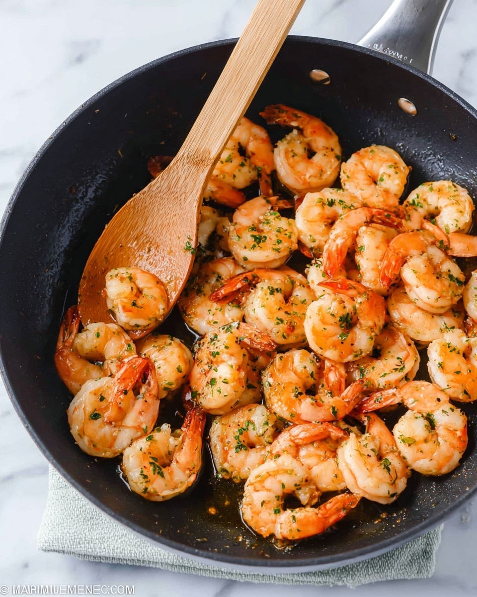A black pan full of cooked shrimp with bright pink and orange shells, light white flesh showing in the center, and specks of green herbs sprinkled on top. The shrimp pieces are slightly curled and glistening, arranged unevenly in the pan, with a wooden spoon scooping some from the left side. The pan is set on a white marbled surface. photo taken with an iphone --ar 4:5 --v 7