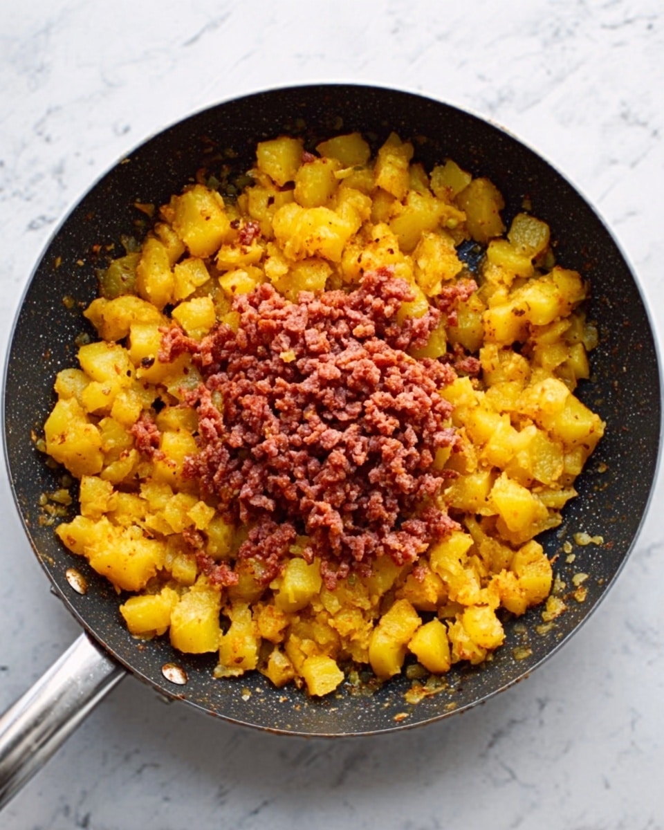 A close-up view of a black frying pan filled with two layers of cooked food on a white marbled background. The bottom layer consists of small, golden-brown cooked potato pieces spread evenly across the pan. On top of the potatoes, there is a layer of finely chopped cooked meat with a reddish-brown color, placed in the center of the pan. The pan has a silver handle extending to the left. Photo taken with an iphone --ar 4:5 --v 7