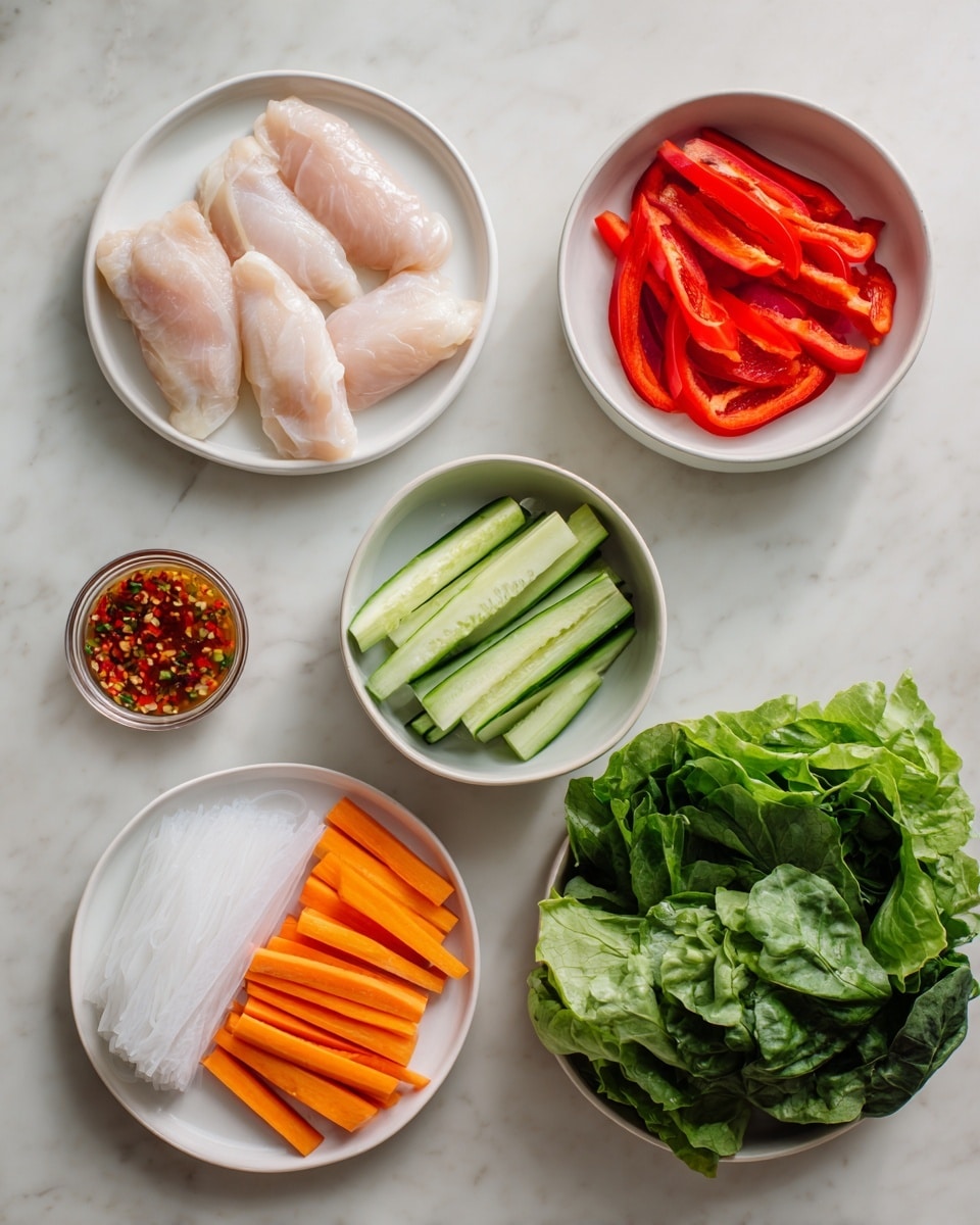 The image shows fresh ingredients arranged neatly on a white marbled surface for making fresh spring rolls. In the top left, four light pink chicken pieces sit on a white plate, smooth and shiny. To the right, red bell pepper strips rest in a white bowl, vibrant and crisp. Next to those, another white bowl holds light green cucumber sticks, cut into long thin pieces. Below, there is a white bowl filled with bright orange carrot sticks, thin and evenly sized. A larger white plate on the right holds dark green, leafy lettuce with a fresh texture. In the bottom left corner, a stack of translucent white rice paper sheets lies flat. Above the sheets is a small round container with red sweet chili sauce, speckled with bits of chili and garlic. All items are arranged with clear space between them on the white marbled surface. Photo taken with an iphone --ar 4:5 --v 7