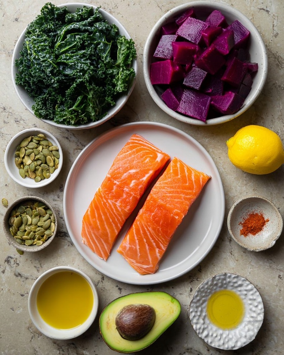 The image shows two bright orange salmon fillets with white lines, placed side by side on a white plate in the center. Surrounding the plate are several small white bowls and dishes, each holding different ingredients: fresh green kale leaves in a bowl to the top left, vibrant purple cubed vegetables in a bowl to the top right, light green pumpkin seeds in a small bowl to the left, a pale yellow powder spice in a small dish below that, golden olive oil in a bowl near the bottom left, a dark green avocado on a white textured dish at the bottom center, a halved lemon with bright yellow flesh on a small dish to the right, a small bowl with amber liquid oil to the upper right, and a white speckled small dish holding reddish spice near the lemon. All these items sit on a white marbled surface. photo taken with an iphone --ar 4:5 --v 7