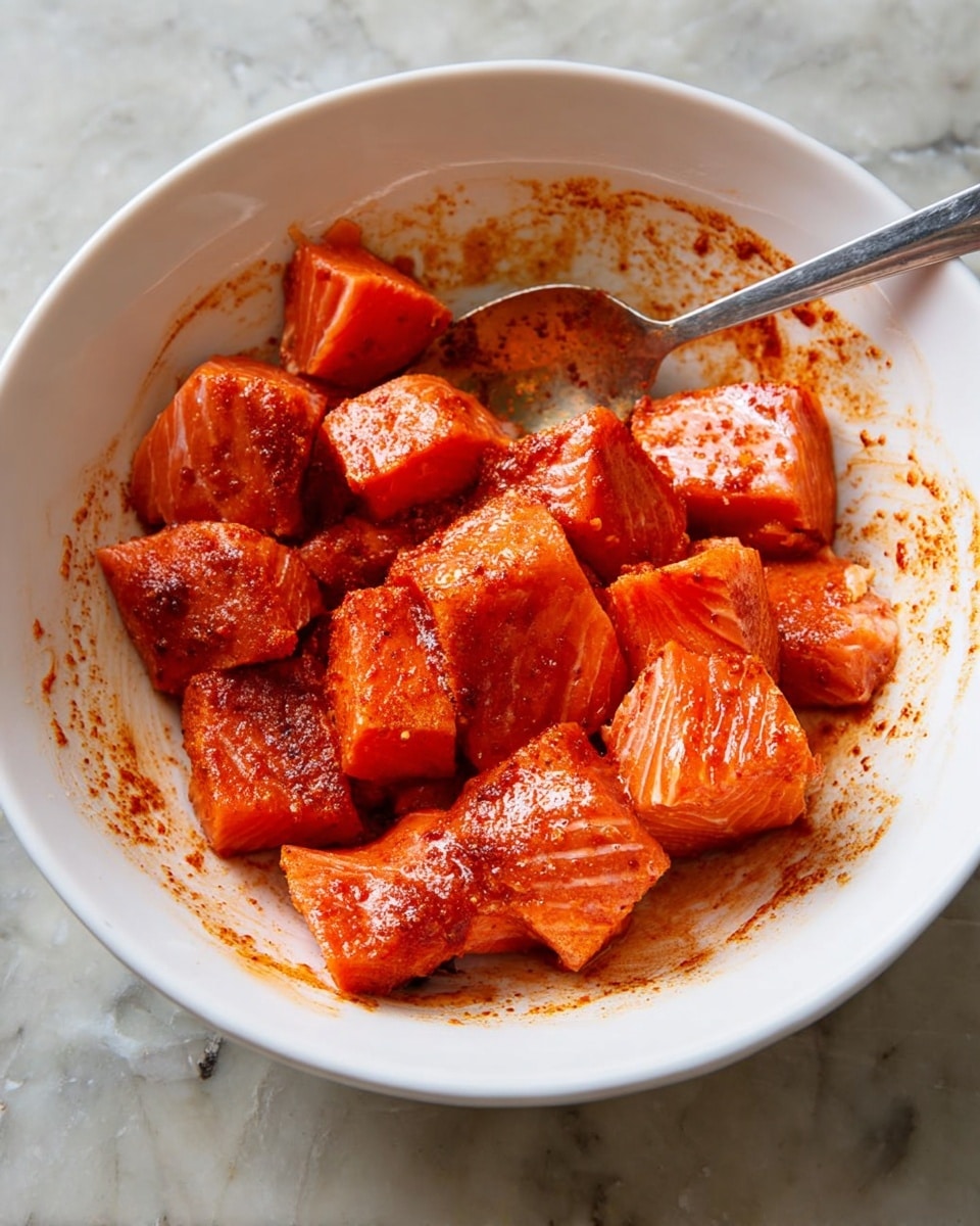 In a white bowl, there are thick pieces of salmon coated with a rich orange-red spice mix, giving the fish a shiny and slightly oily look. The salmon pieces are cut into medium cubes showing smooth, wet flesh with clear white lines of fat and some skin edges. A silver spoon rests inside the bowl, partially covered in the same spice mix. The bowl is placed on a white marbled surface. photo taken with an iphone --ar 4:5 --v 7