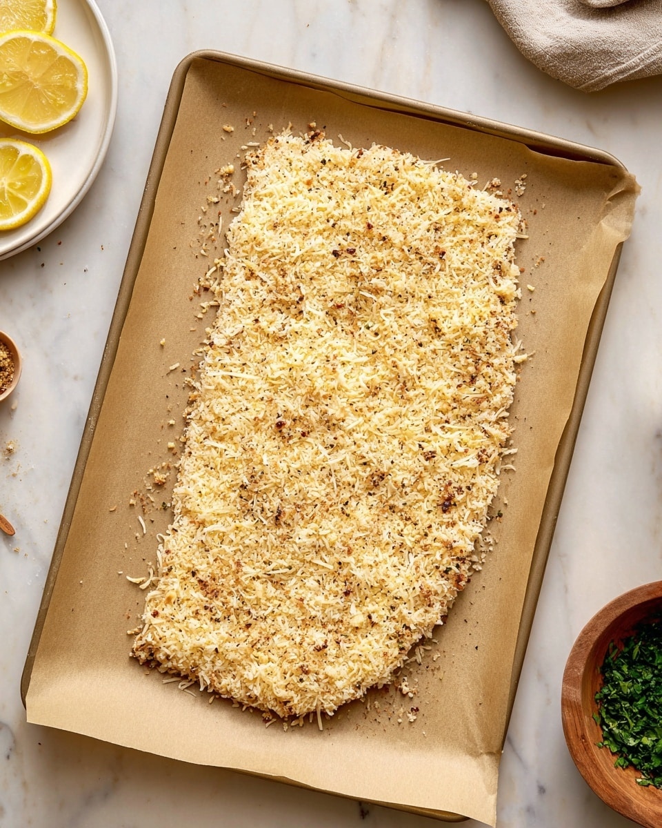 A rectangular piece of uncooked food is covered in a thick, uneven layer of light beige and pale yellow shredded and crumbly topping, sprinkled with small black and brown specks, placed on a piece of light brown parchment paper on a baking sheet. Around the tray, the surface is a white marbled texture, with part of a white plate with lemon slices on the top left and a wooden bowl with similar topping on the right side visible. A small white bowl with green chopped herbs is at the top right corner. photo taken with an iphone --ar 4:5 --v 7
