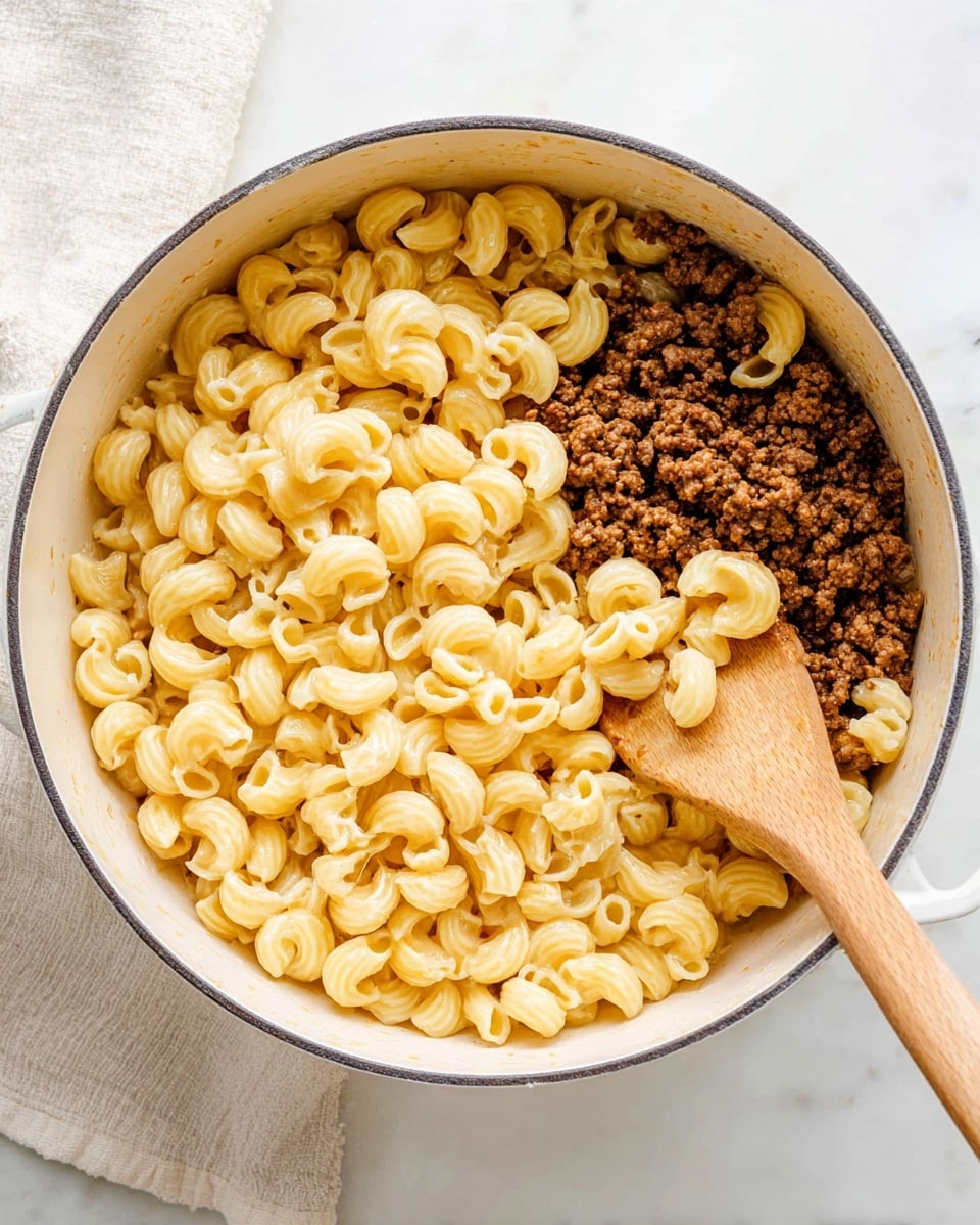 A white round pot filled with two main layers: one side shows a large amount of cooked elbow pasta in a pale yellow color with a slightly shiny texture, and the other side has a small pile of cooked ground meat in a dark brown shade with a crumbly texture. A wooden spoon with a smooth light brown surface is resting inside the pot, touching both pasta and meat. The pot is placed on a white marbled surface with a soft cloth visible in the top left corner. photo taken with an iphone --ar 4:5 --v 7